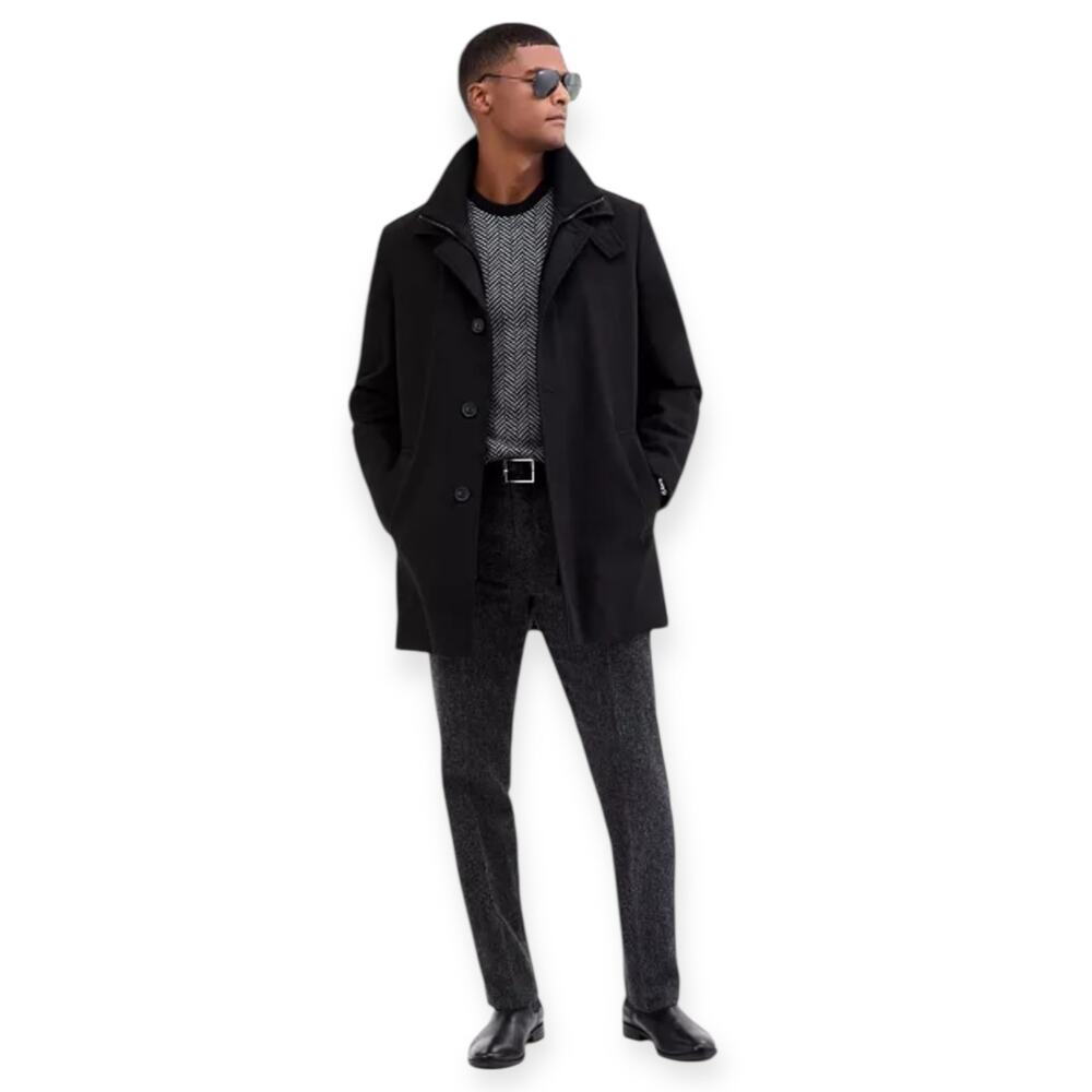 Calvin Klein Coleman Overcoat Mens 48R Black Wool Zip Bib Button Coat EUC